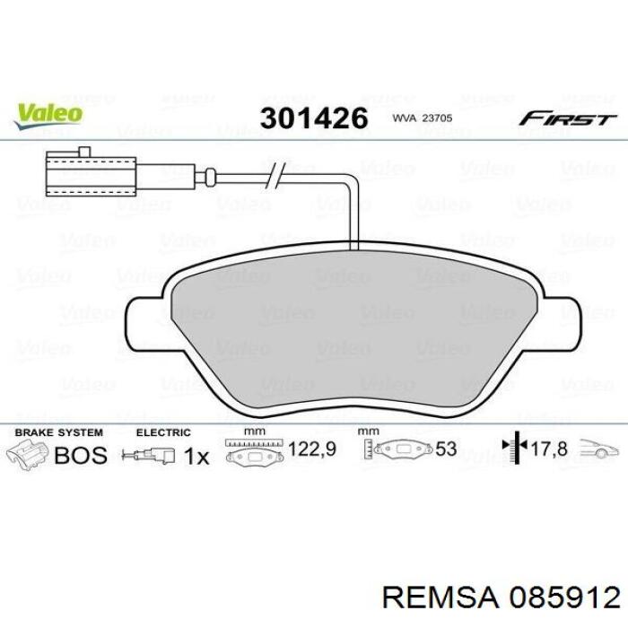 Передние тормозные колодки 085912 Remsa