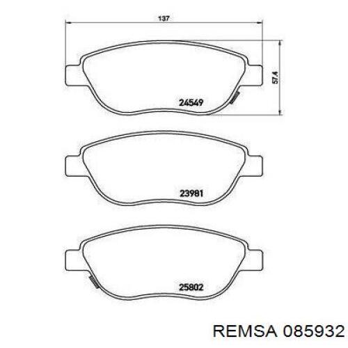 Передние тормозные колодки 085932 Remsa