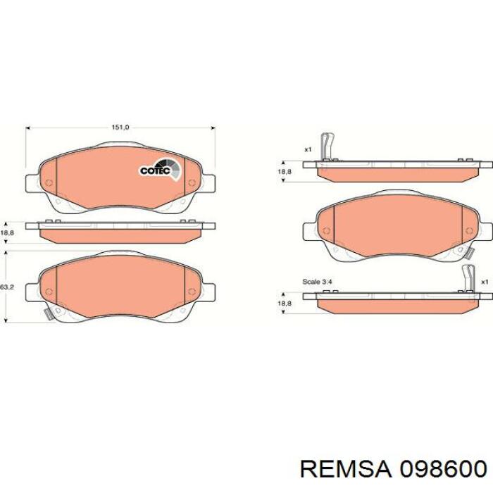Передние тормозные колодки 098600 Remsa