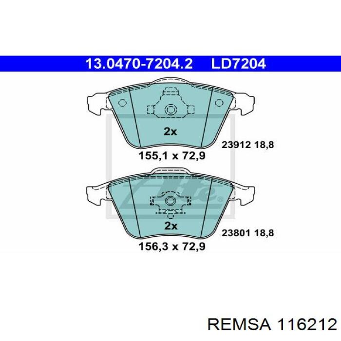 Передние тормозные колодки 116212 Remsa
