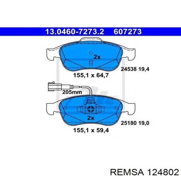 Передние тормозные колодки 124802 Remsa