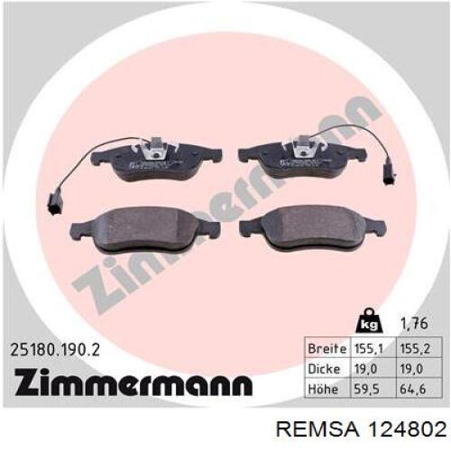 Передние тормозные колодки 124802 Remsa
