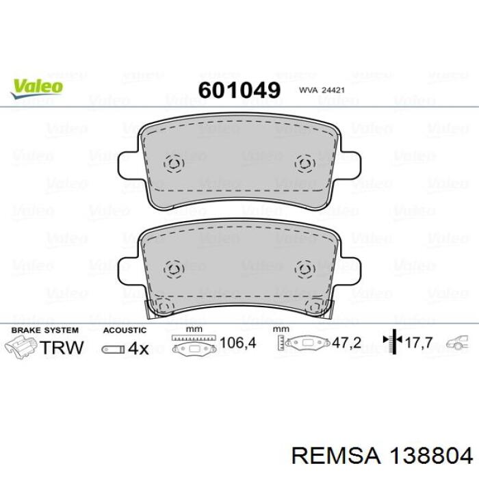 Задние тормозные колодки 138804 Remsa