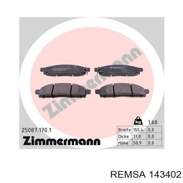 Передние тормозные колодки 143402 Remsa