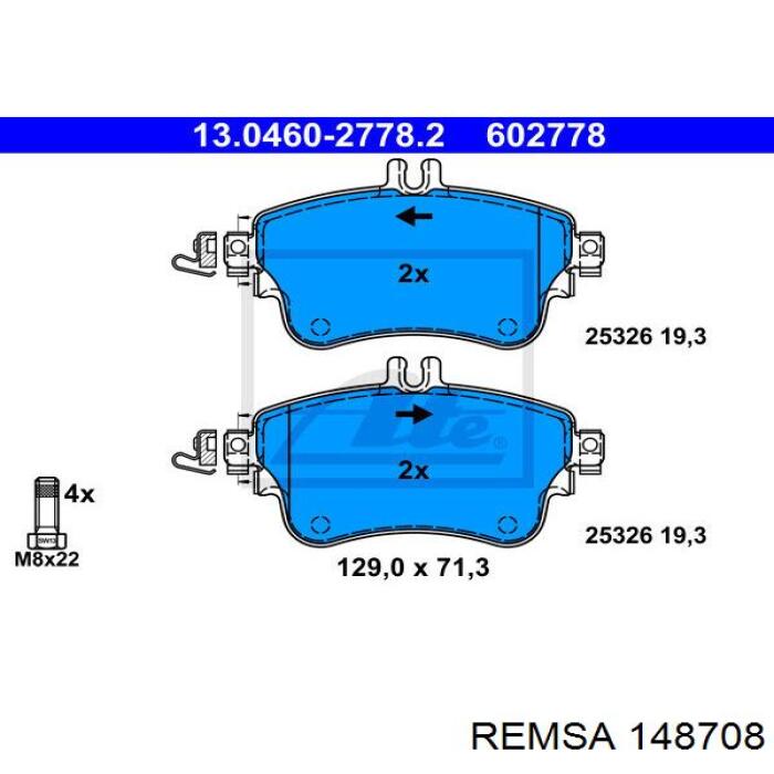 Передние тормозные колодки 148708 Remsa