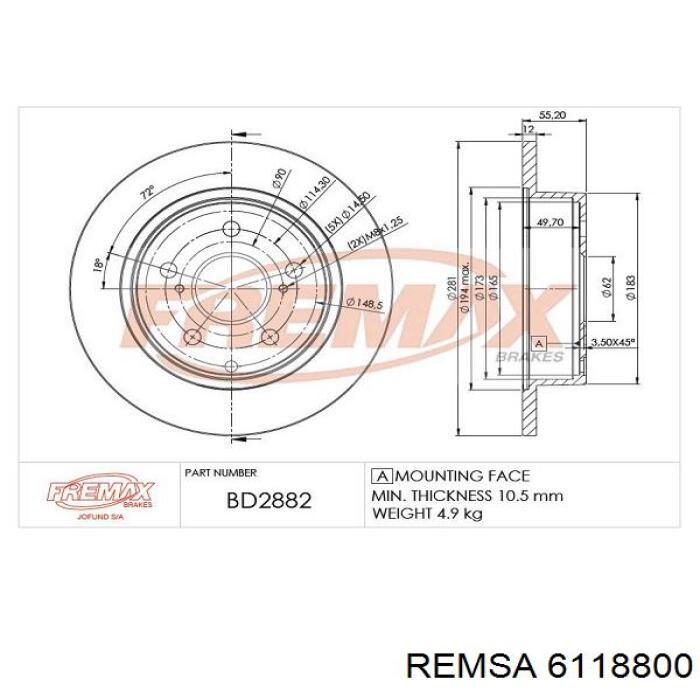 Купить 6118800 Remsa Диск тормозной задний