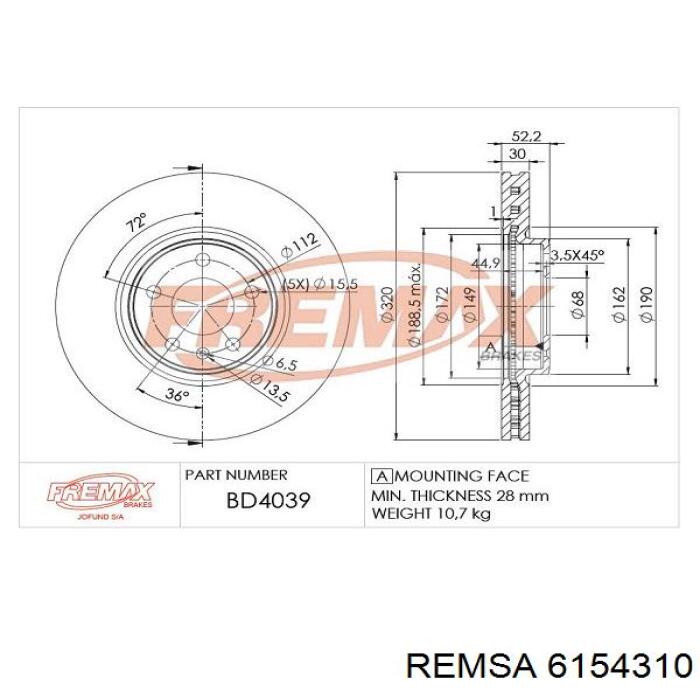 Тормоз дисковый передний Remsa 6154310 цена, от 65.58 USD