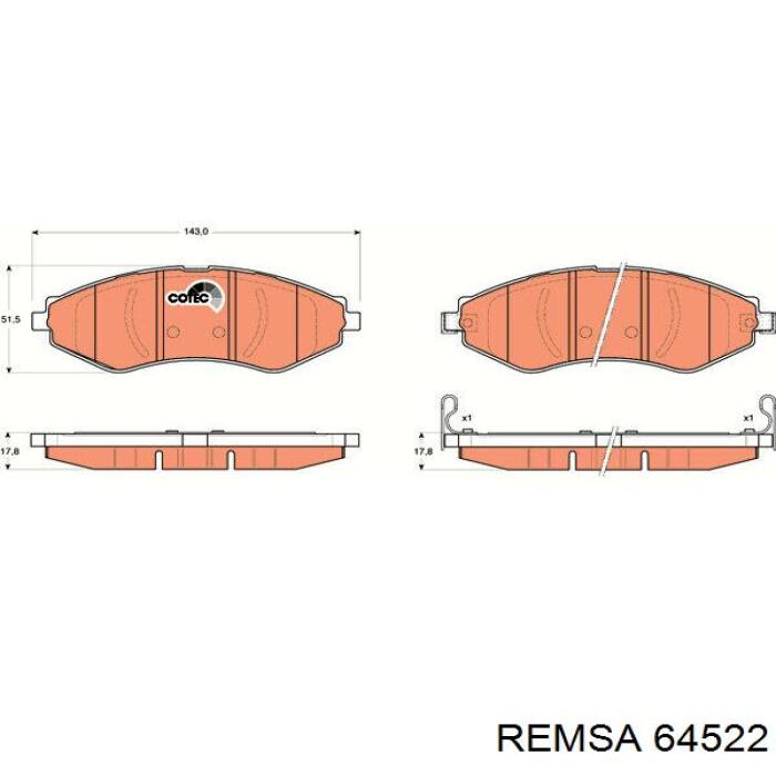 Передние тормозные колодки 64522 Remsa