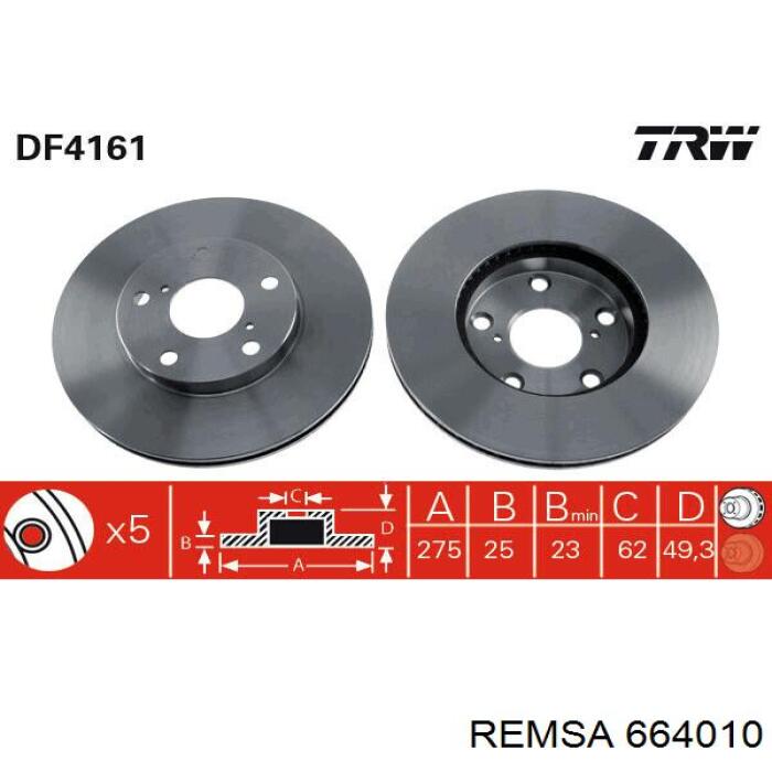 Передние тормозные диски 664010 Remsa