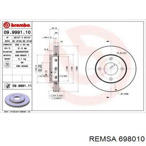 Передние тормозные диски 698010 Remsa