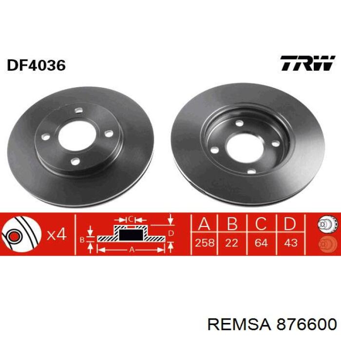 Передние тормозные диски 876600 Remsa