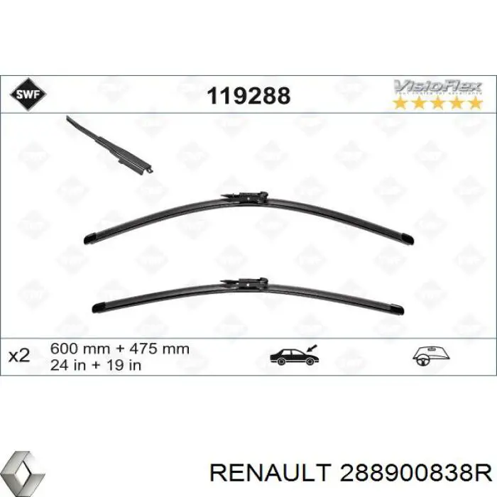 Juego de limpiaparabrisas de luna delantera, 2 piezas 288900838R Renault (RVI)