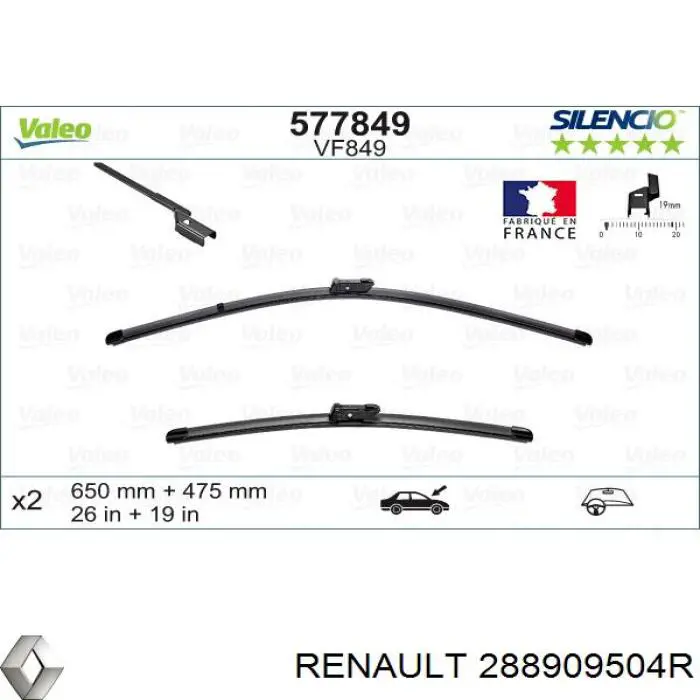 Щетки стеклоочистителя 288909504R Renault (RVI)