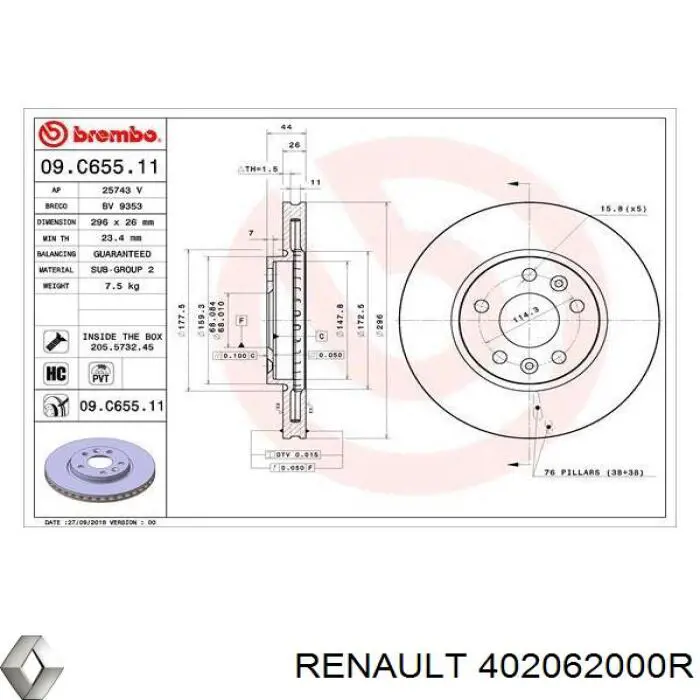 Тормоз дисковый передний Renault (RVI) 402062000R цена, от 101.68 USD