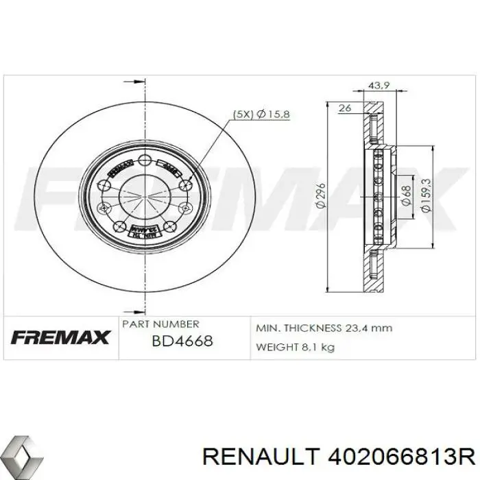 Тормоз дисковый передний Renault (RVI) 402066813R цена, от 53.81 USD