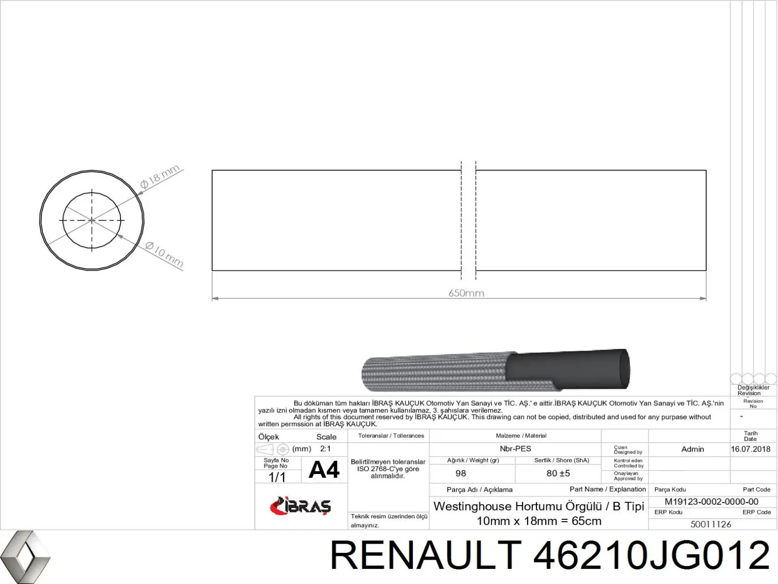 Шланг тормозной задний правый на Renault Koleos HY0