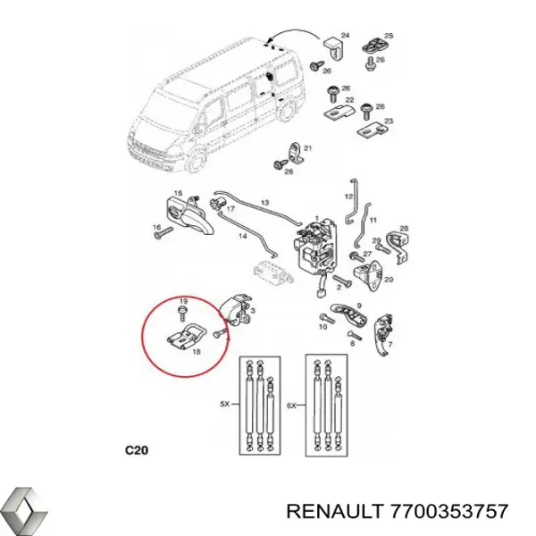 Петля-зацеп (ответная часть) замка двери задней распашной левый верхний 7700353757 Renault (RVI)
