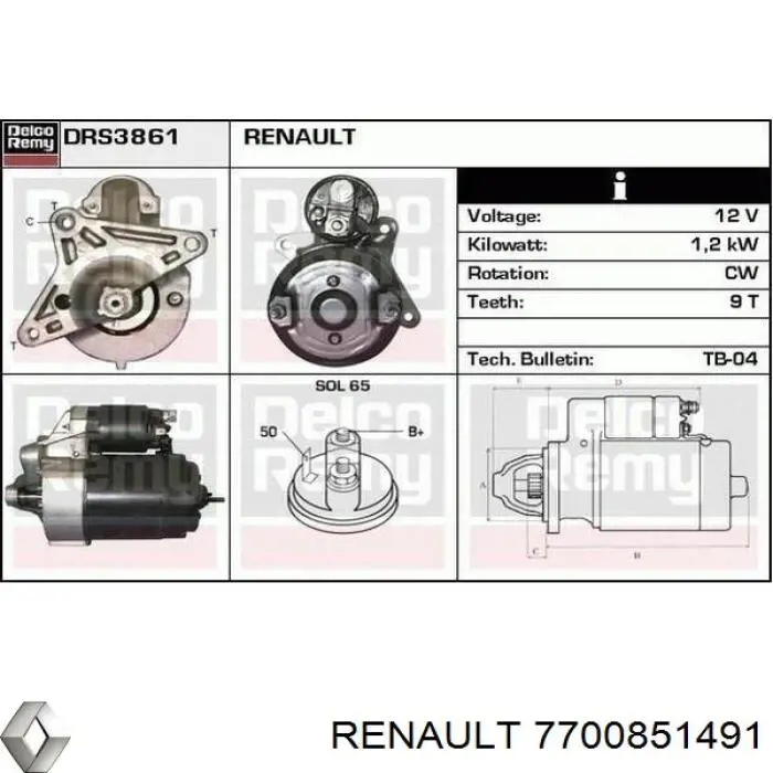 Стартер Renault (RVI) 7700851491 цена, от 256.09 USD