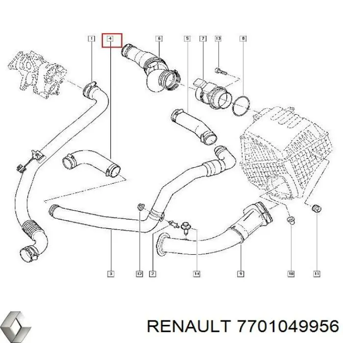 Купить 7701049956 Renault (RVI) Патрубок воздушный, выход из турбины/компрессора (наддув)