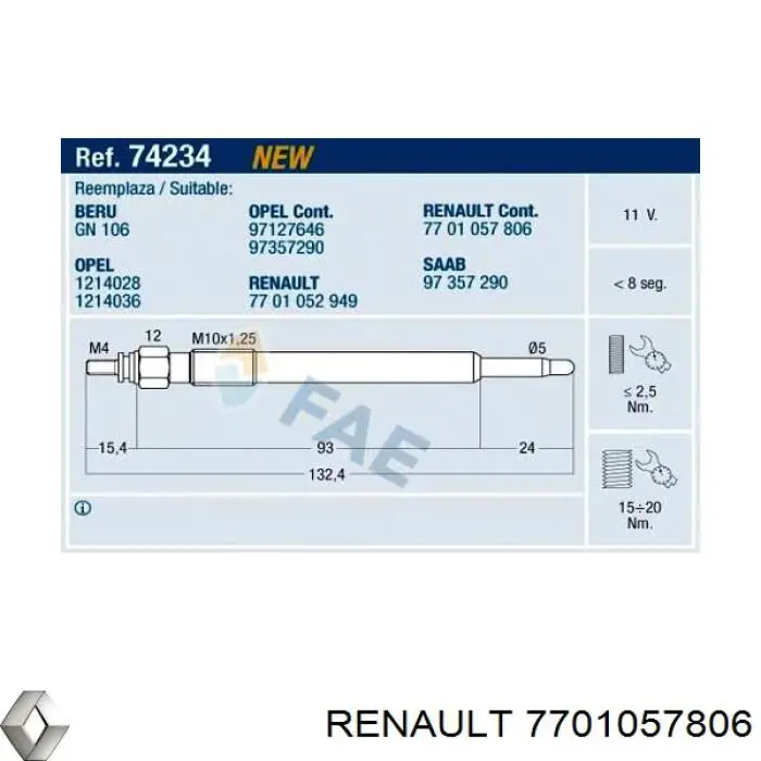 Свечи накала 7701057806 Renault (RVI)