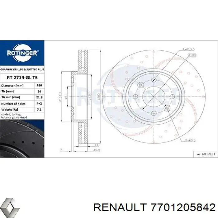 Передние тормозные диски 7701205842 Renault (RVI)