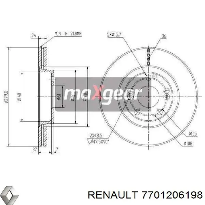 Freno de disco delantero 7701206198 Renault (RVI)