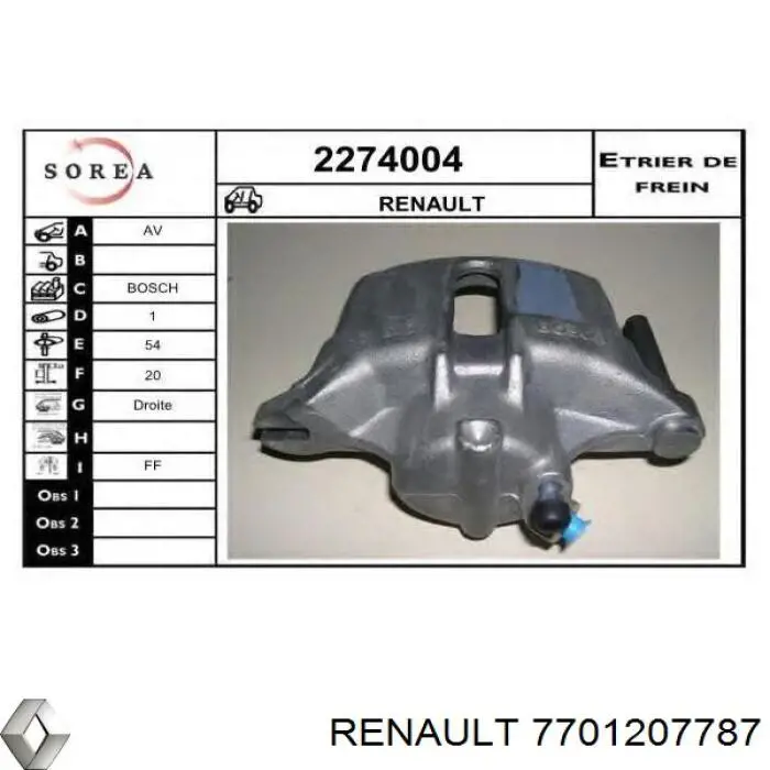 Суппорт тормозной передний правый 7701207787 Renault (RVI)