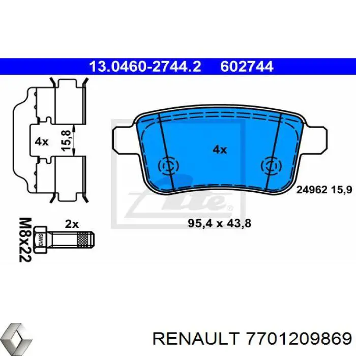 Задние тормозные колодки 7701209869 Renault (RVI)