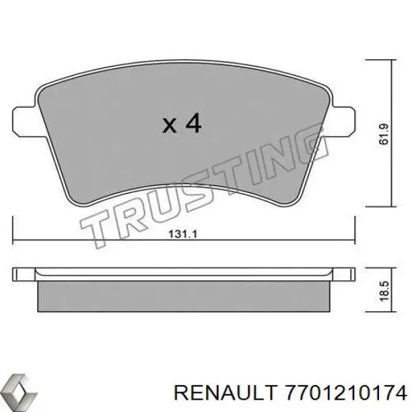 Передние тормозные колодки 7701210174 Renault (RVI)