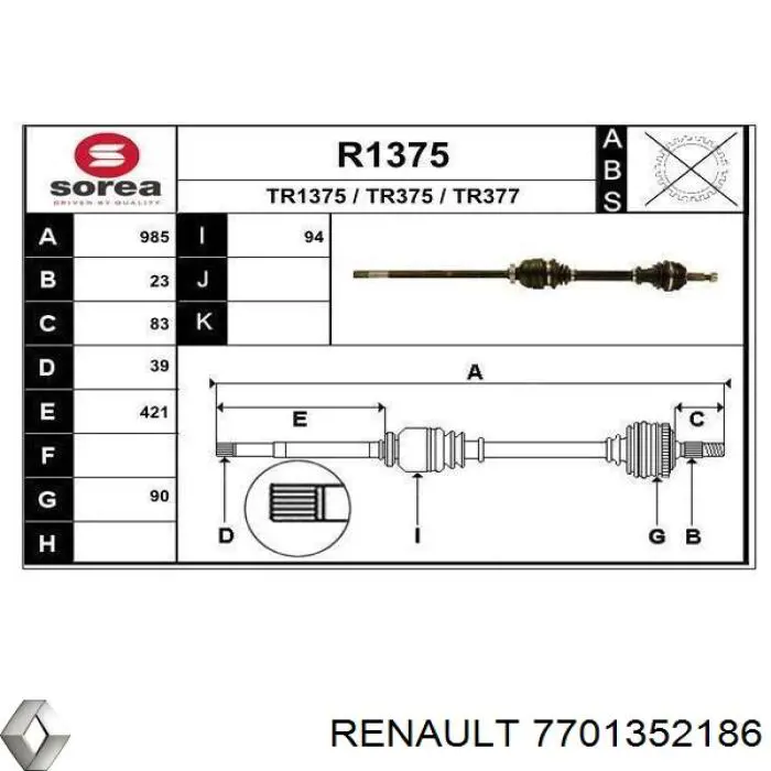 Полуось (привод) передняя правая 7701352186 Renault (RVI)