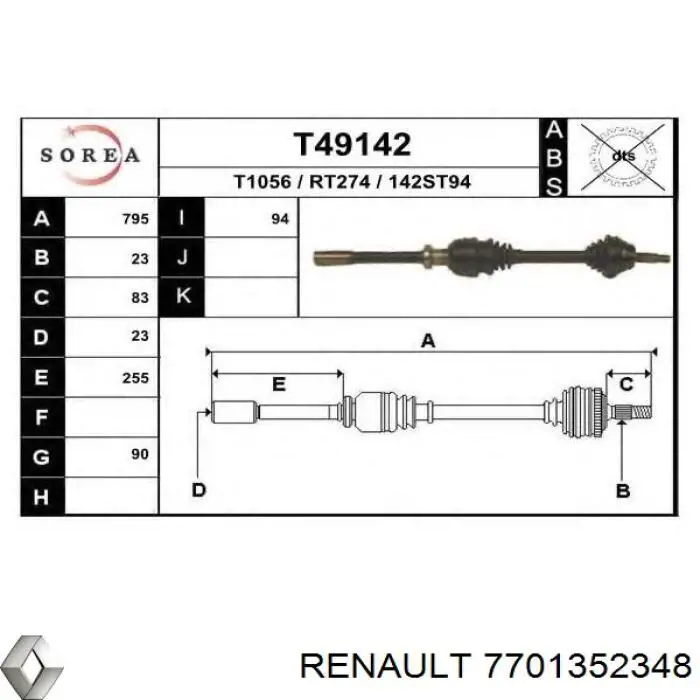 Правая полуось 7701352348 Renault (RVI)