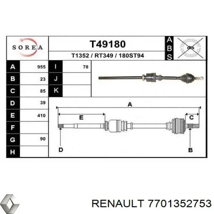 Полуось (привод) передняя правая 7700103863 Renault (RVI)