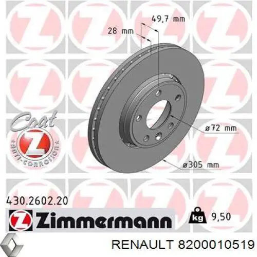 Тормоз дисковый передний Renault (RVI) 8200010519 цена, от 46.20 USD