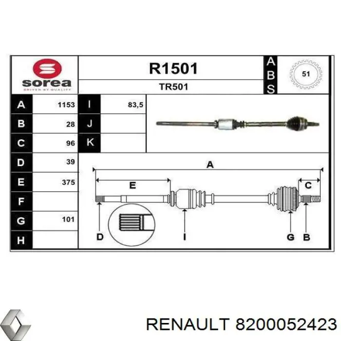 Правая полуось 8200052423 Renault (RVI)