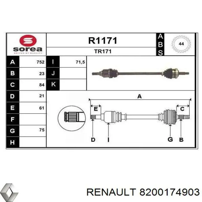 Полуось задняя правая Renault (RVI) 8200174903 цена, от 84.51 USD