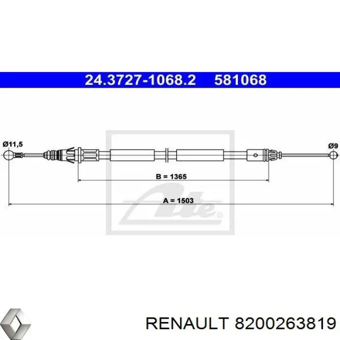 Трос ручного тормоза задний Renault (RVI) 8200263819 цена, от 27.84 USD