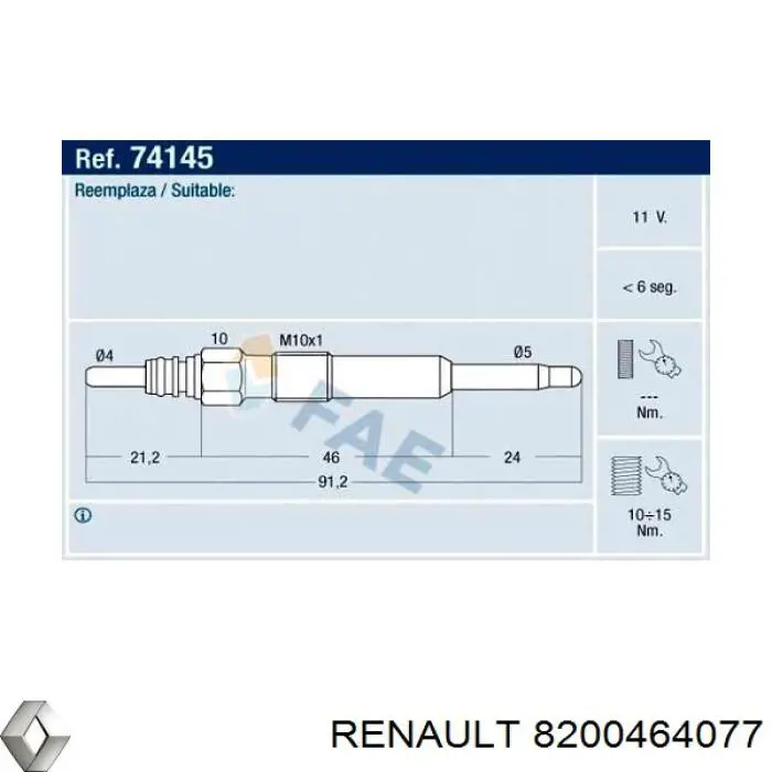Свечи накала Renault (RVI) 8200464077 цена, от 7.13 USD