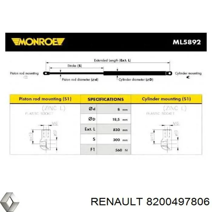 Купить 8200497806 Renault (RVI) Амортизатор двери багажника