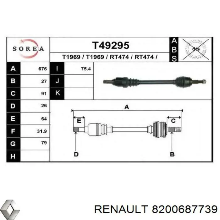Привод передний левый Renault (RVI) 8200687739 цена, от 37.01 USD