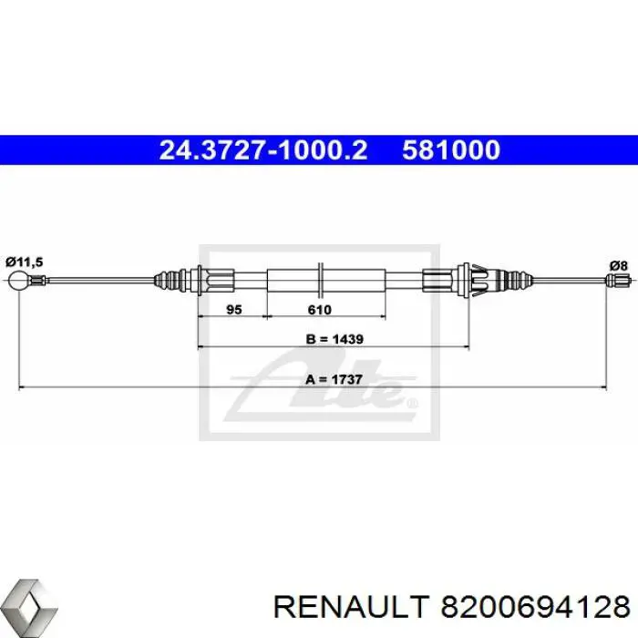 Задний трос ручника 8200694128 Renault (RVI)