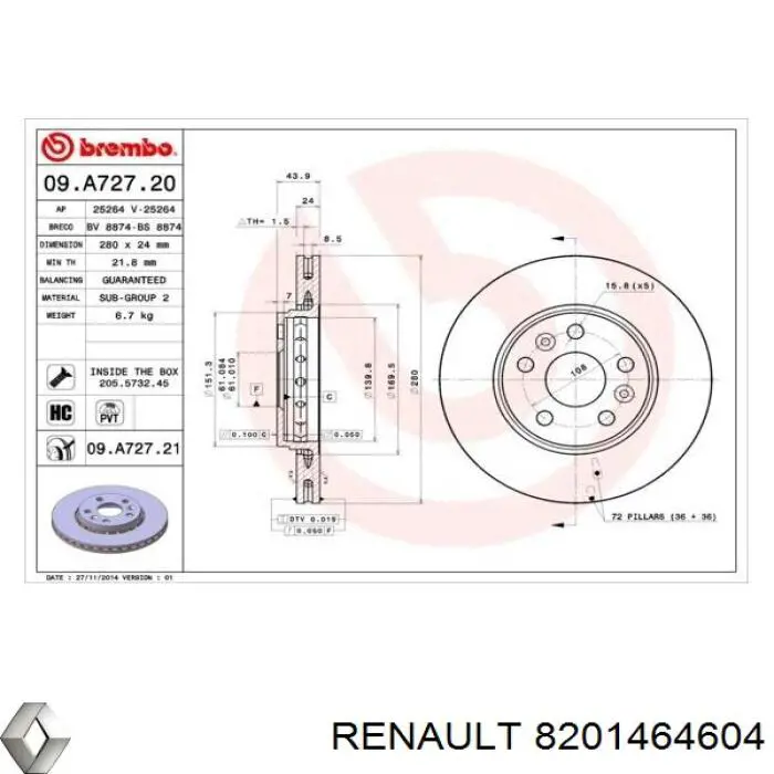 Передние тормозные диски 8201464604 Renault (RVI)