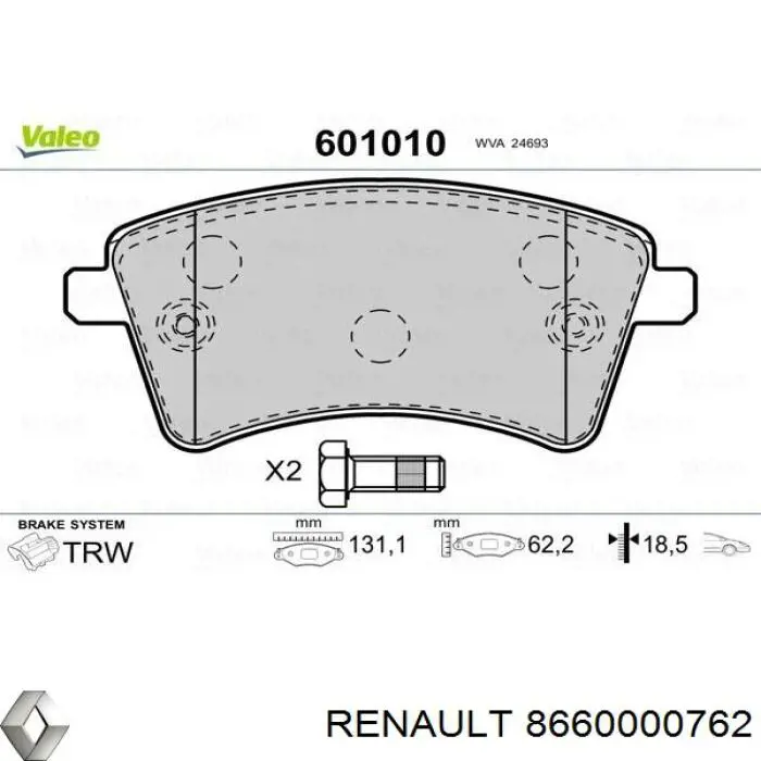 Передние тормозные колодки 8660000762 Renault (RVI)