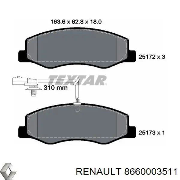 Колодки дисковые  Renault (RVI) 8660003511 цена, от 26.20 USD
