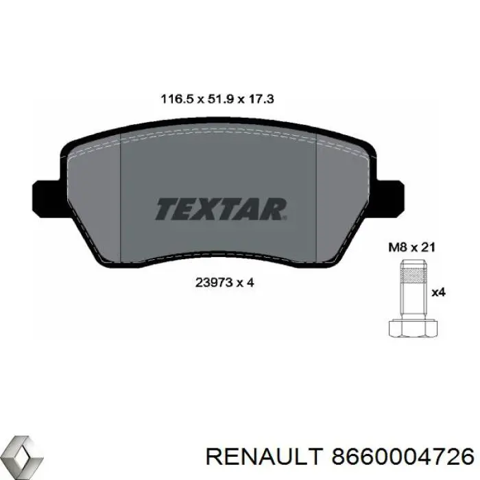 Колодки Renault (RVI) 8660004726 цена, от 21.98 USD