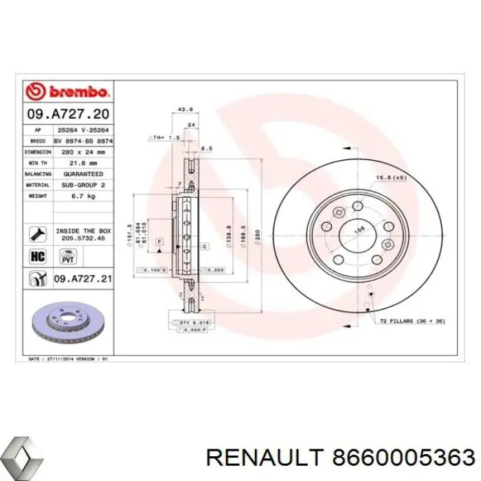 Передние тормозные диски 8660005363 Renault (RVI)