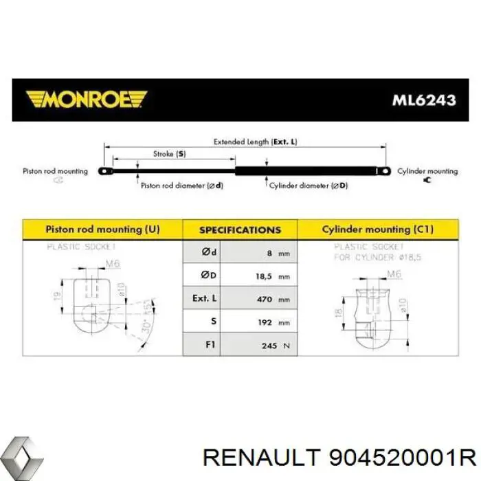 Купить 904520001R Renault (RVI) Амортизатор двери багажника