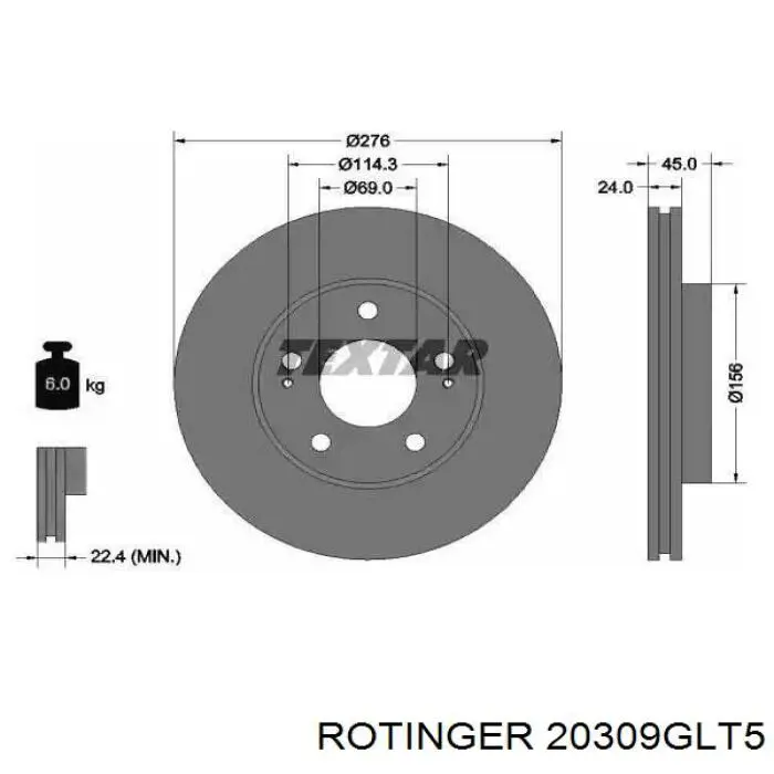 Передние тормозные диски 20309GLT5 Rotinger