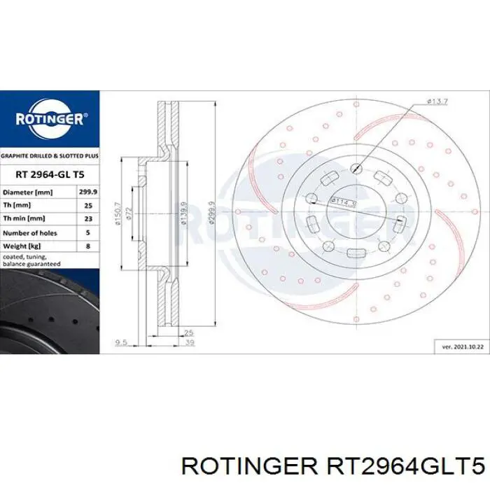 Передние тормозные диски RT2964GLT5 Rotinger
