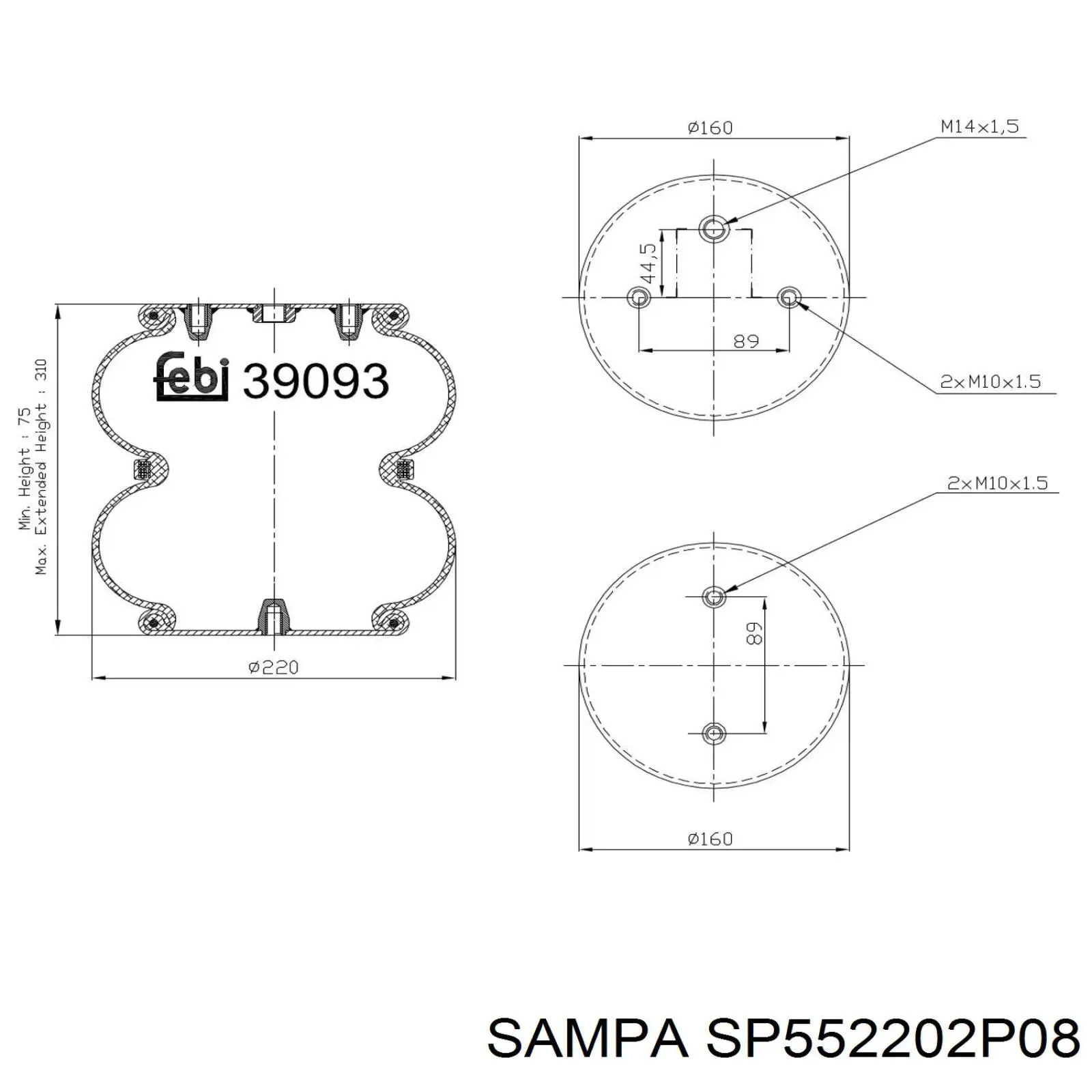 SP552202P08 Sampa Otomotiv‏ coxim pneumático (suspensão de lâminas pneumática do eixo)