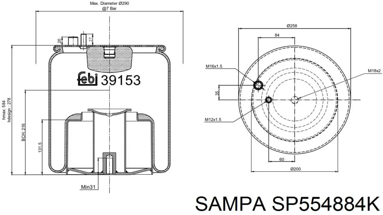 SP554884K Sampa Otomotiv‏ coxim pneumático (suspensão de lâminas pneumática do eixo)